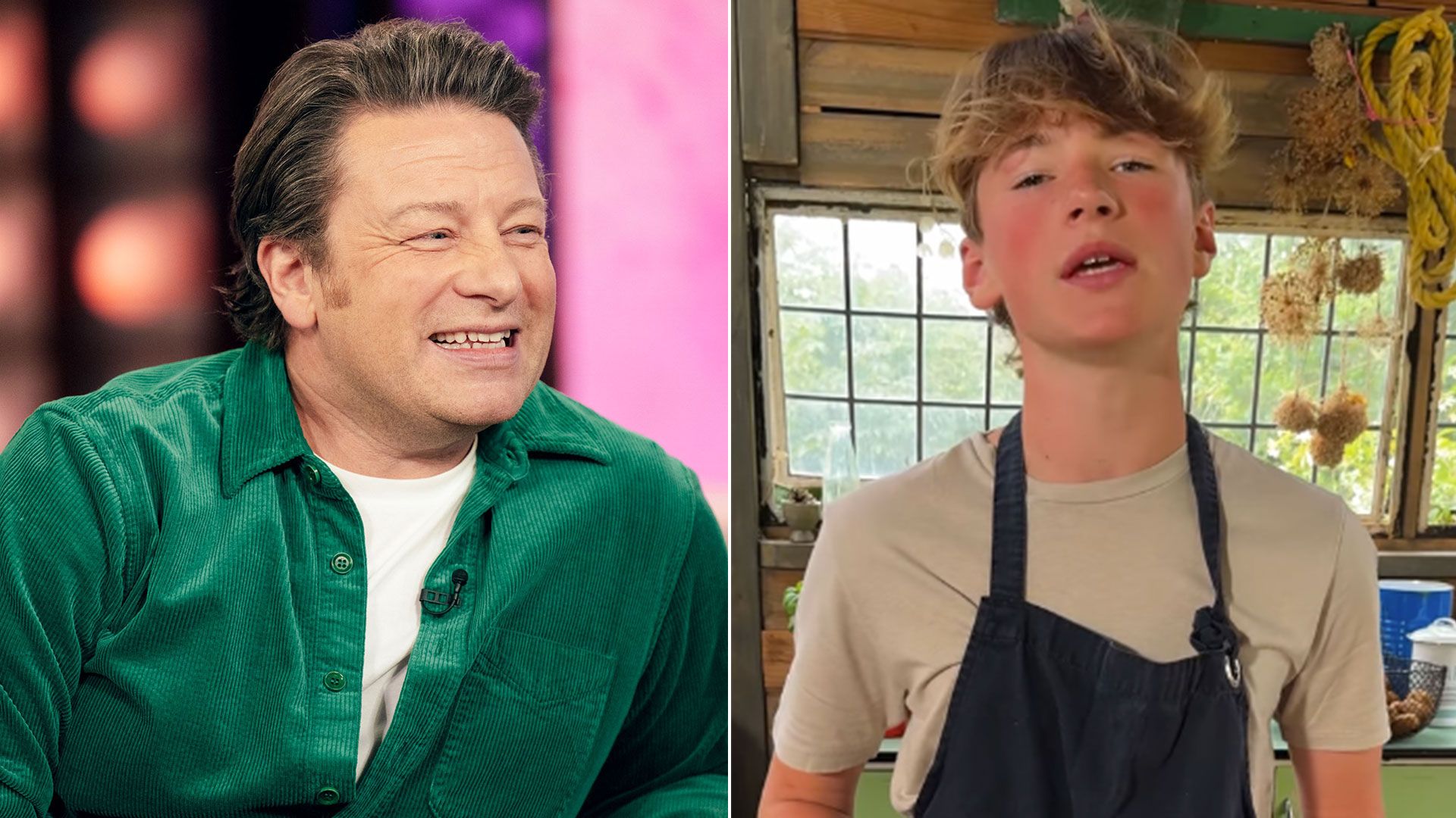 jamie oliver in green shirt beside photo of his teen son wearing apron