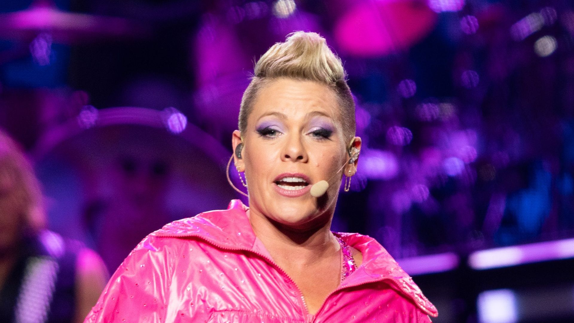 Pink in concert on the 'Trustfall Tour', New York, wearing a pink jacket
