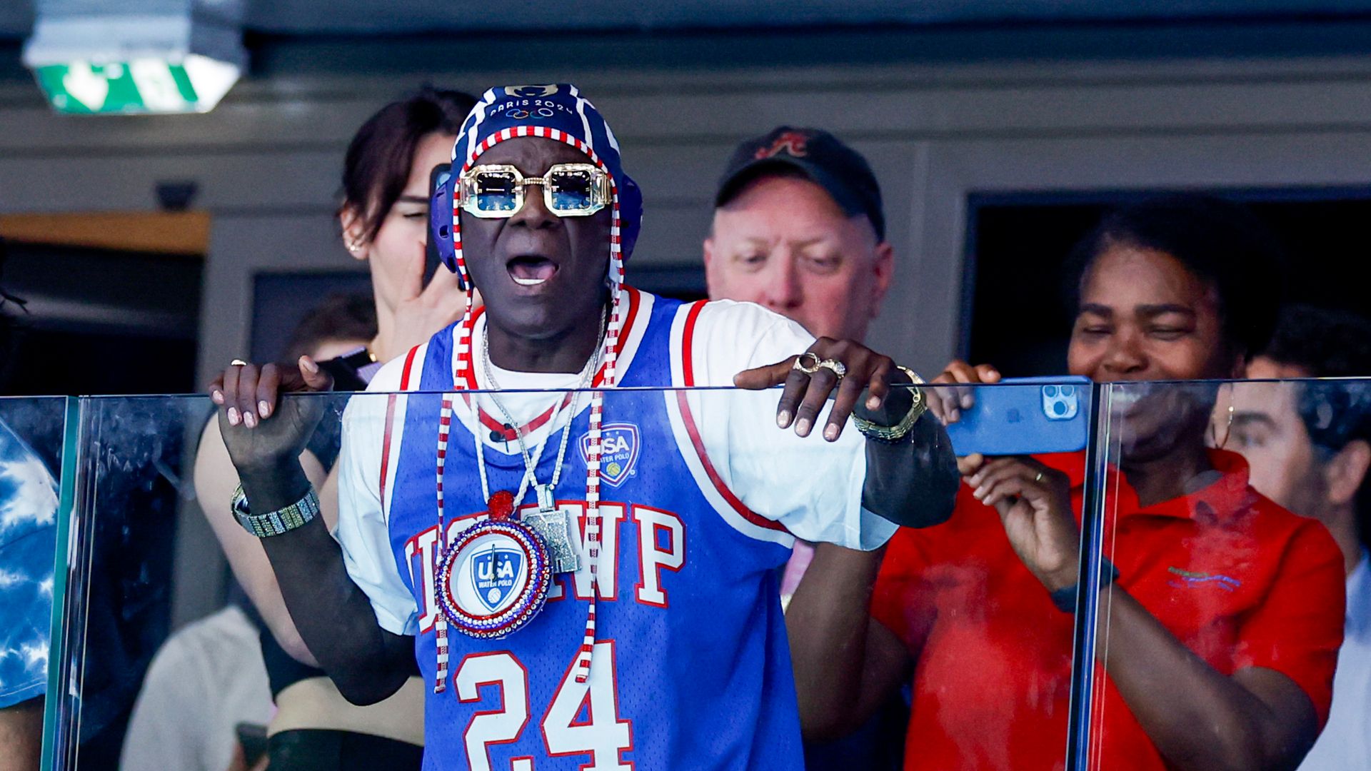 Flavor Flav of the United States of America during the women's water polo Group B match between Greece and the United States of America on Day 1 of the Paris 2024 Olympic Games at the Aquatics Centre on July 27, 2024 in Paris, France.