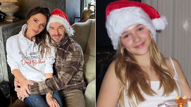 Harper Beckham wearing Santa hat split image with parents Victoria and David Beckham 