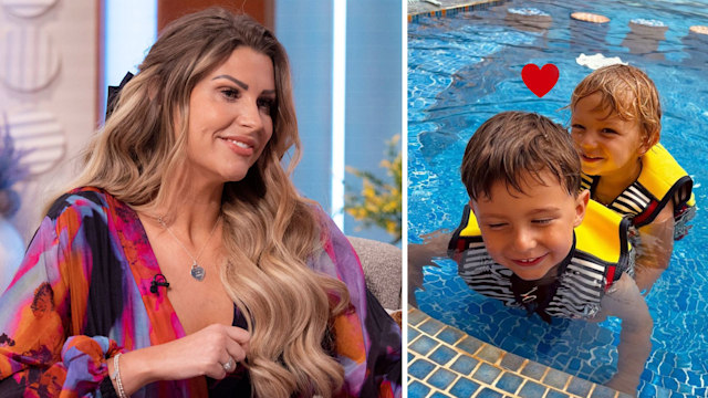 Mrs Hinch and her sons in the pool on holiday