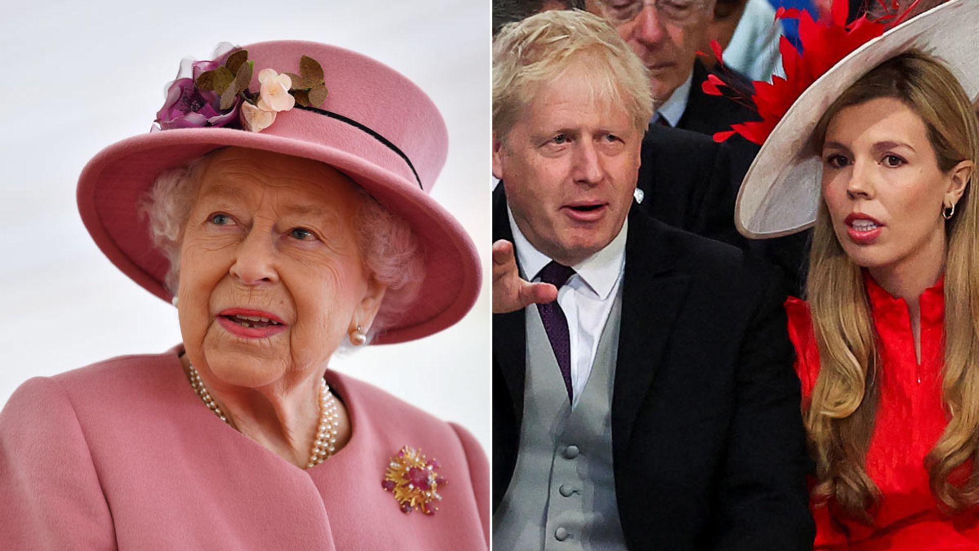 A split image of the queen and boris and carrie johnson