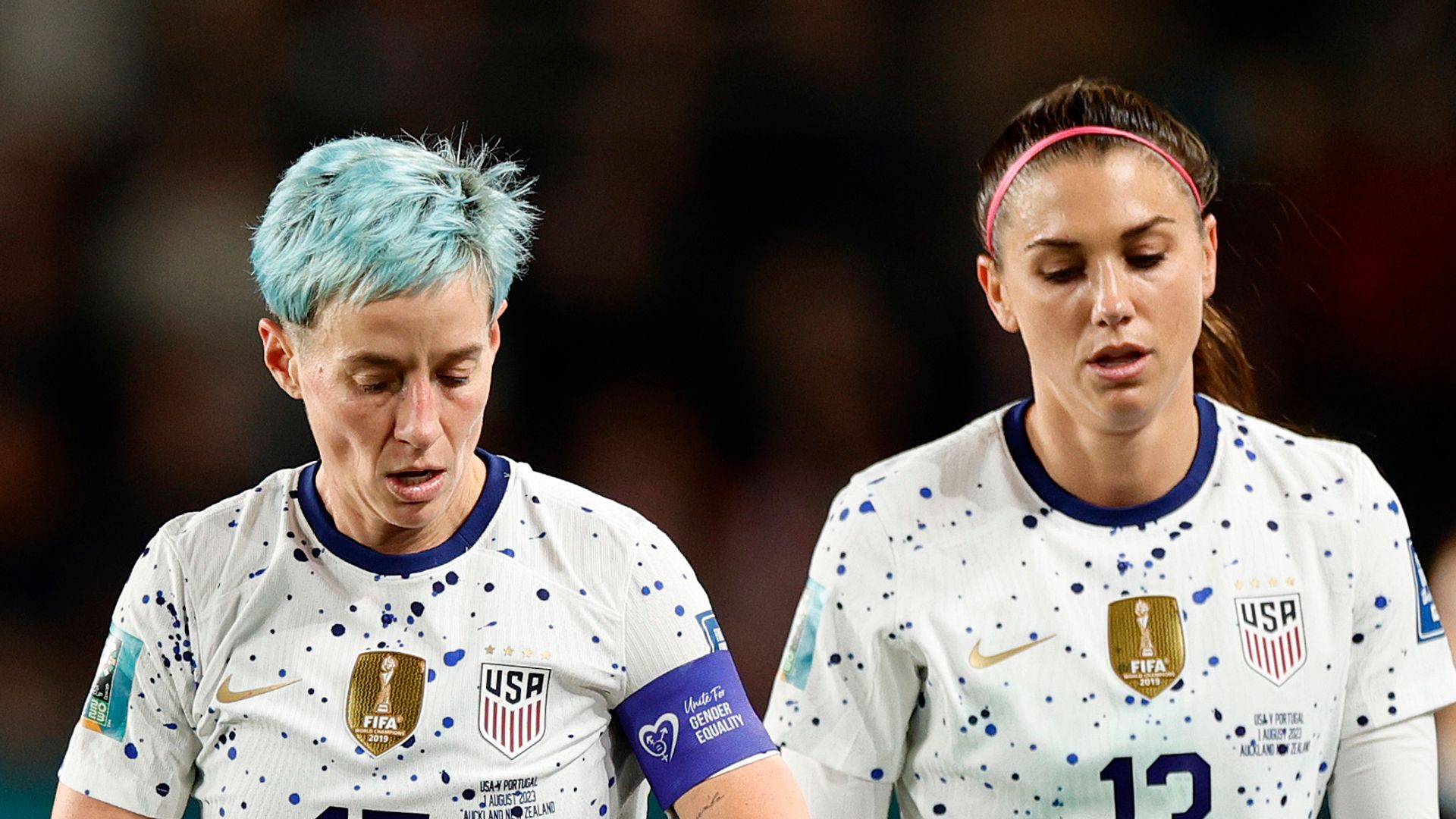 Megan Rapinoe #15 and Alex Morgan #13 of the United States during the FIFA Women's World Cup Australia & New Zealand 2023 on August 01, 2023 in Auckland, New Zealand