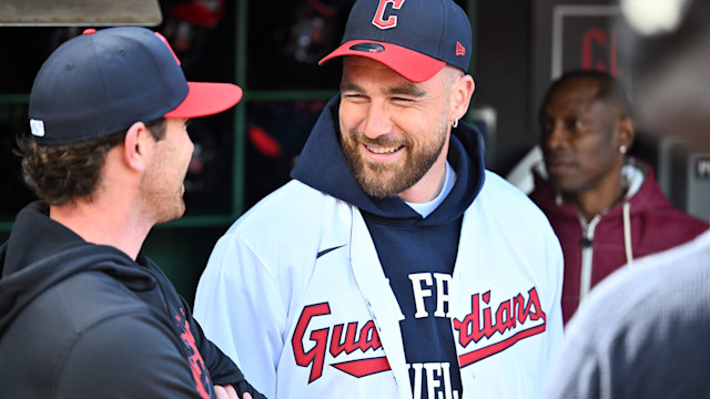 Travis Kelce of the Kansas City Chiefs prior to the home opener against the Seattle Mariners at Progressive Field on April 07, 2023