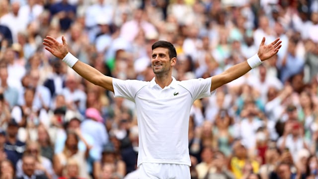 Novak Djokovic celebrates winning his men's Singles Final match against Matteo Berrettini of Italy at Wimbledon 2021