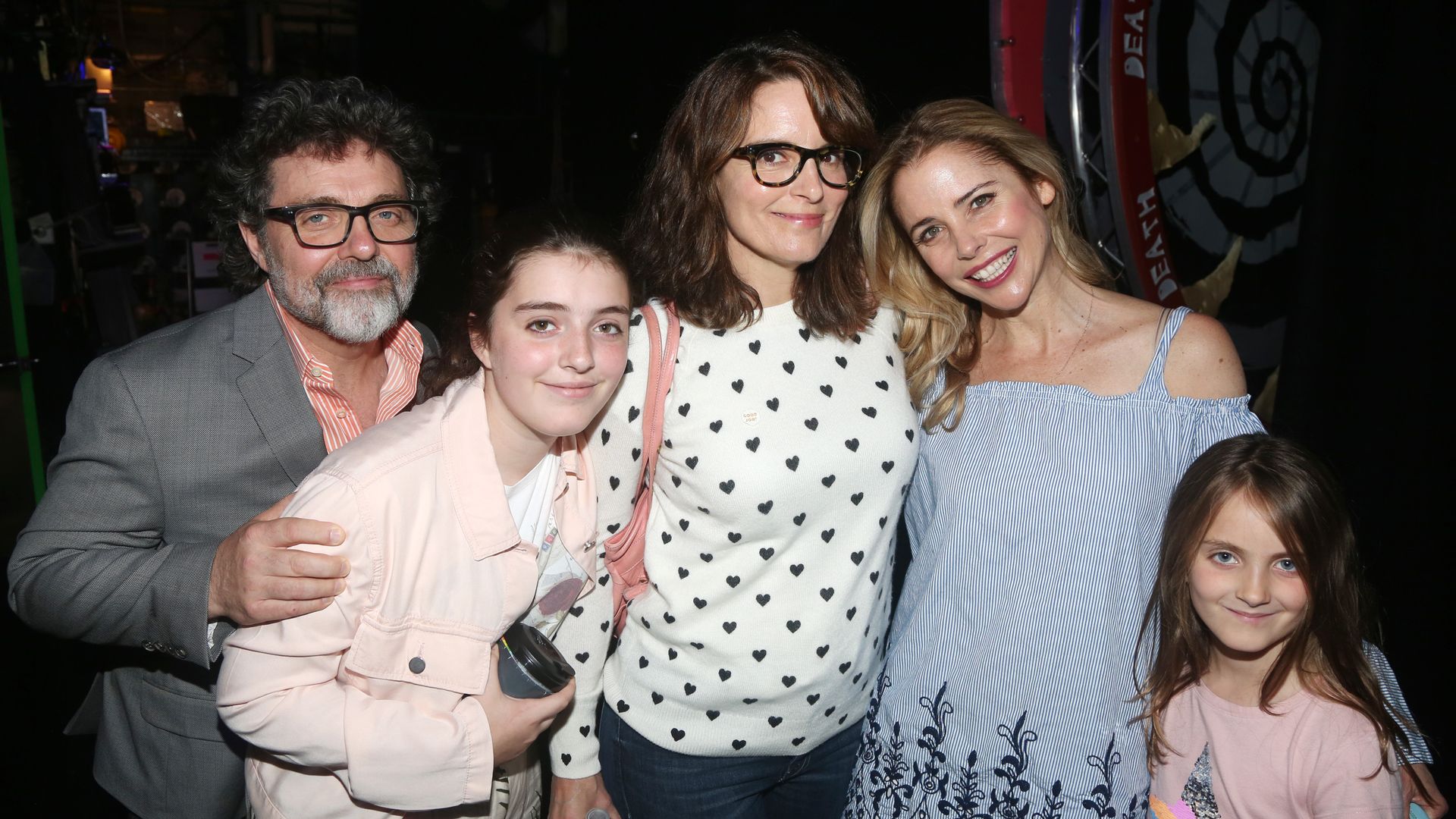 Jeff Richmond, Alice Zenobia Richmond, Tina Fey, Kerry Butler and Penelope Athena Richmond pose backstage at the hit musical based on the film "Beetlejuice" on Broadway at The Winter Garden Theatre on June 8, 2019 in New York City.