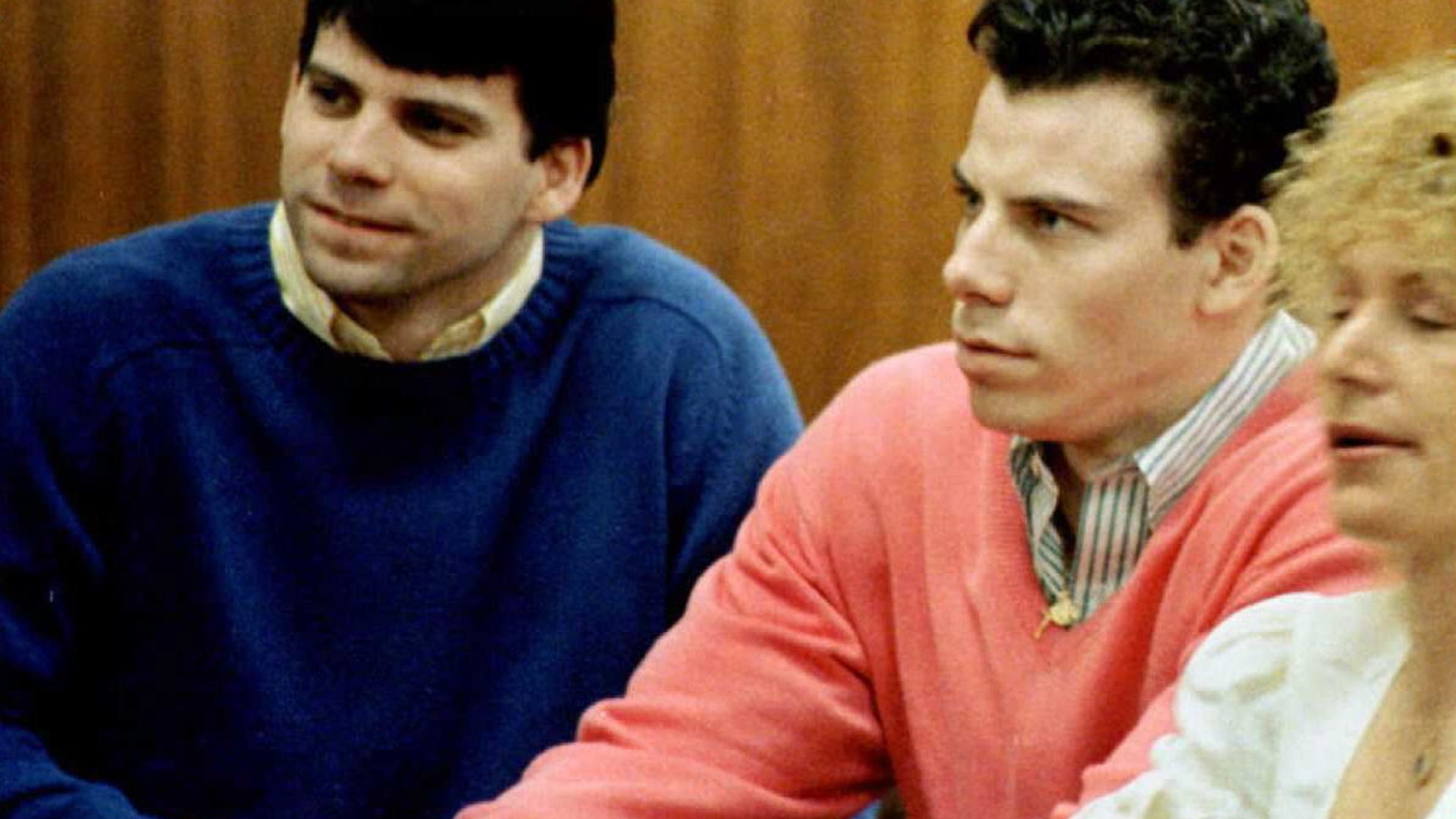 This 1992 file photo shows double murder defendants Erik (R) and Lyle Menendez (L) during a court appearance