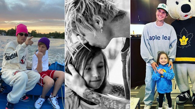 Split image of Justin Bieber with three of his siblings