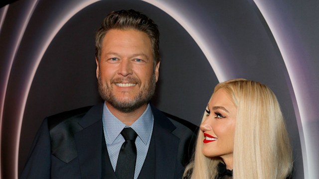 Blake Shelton and Gwen Stefani pose on the red carpet for Opry 100: A Live Celebration at Grand Ole Opry at the Ryman Auditorium on March 19, 2025 in Nashville, Tennessee