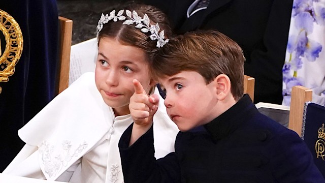 Britain's Prince Louis and Princess Charlotte attend the Coronation of King Charles III and Queen Camilla at Westminster Abbey on May 6, 2023 in London, England