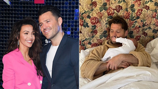 split image showing mark and michelle keegan and mark wright with palma 