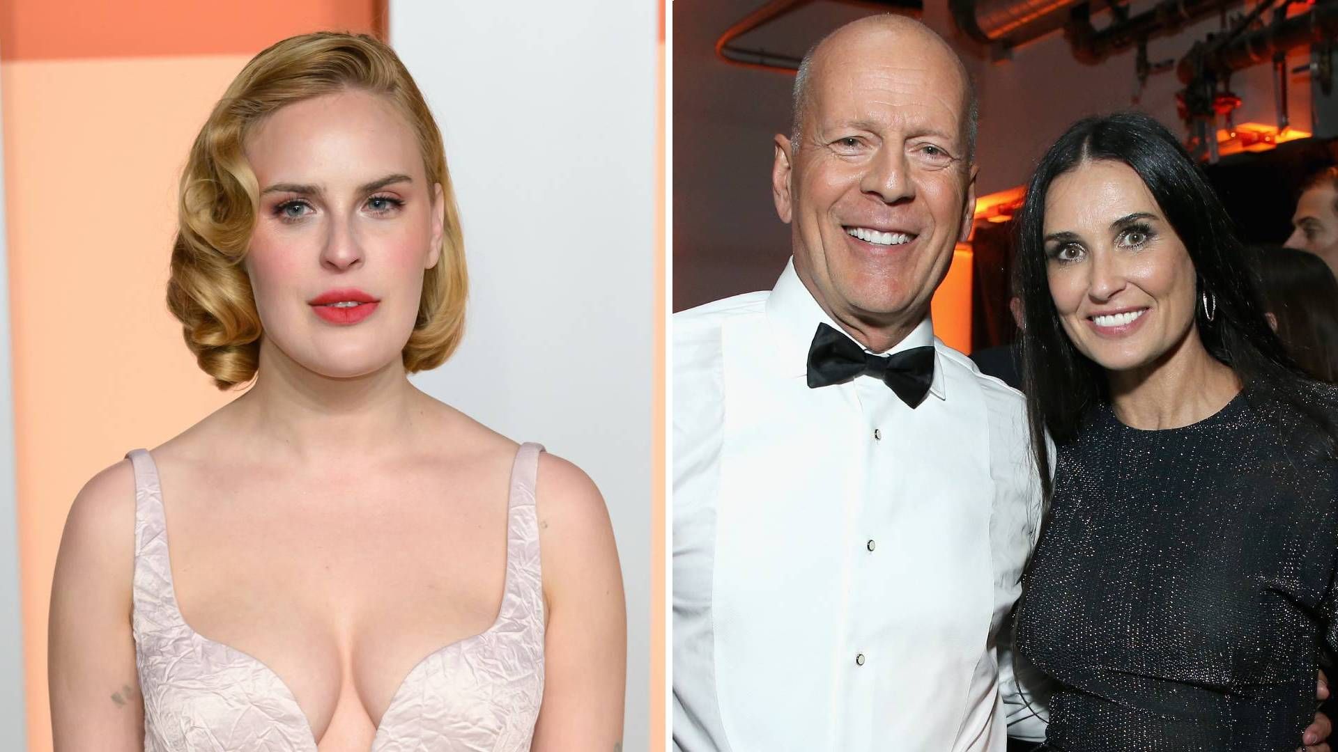 Split image featuring one photo of Tallulah Willis and another of her parents, Bruce Willis and Demi Moore