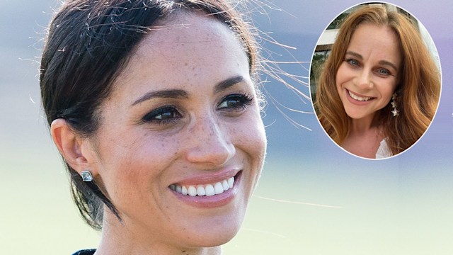 Meghan Markle up close with her hair tied up