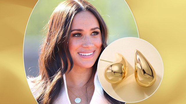 split image meghan markle and gold earrings 