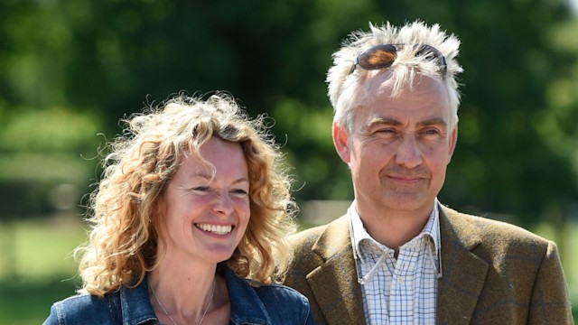 Kate Humble in a denim jacket with Ludo Graham