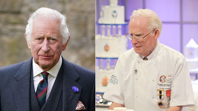 king charles in suit and baker in apron icing cake