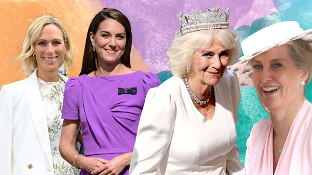 zara tindall, princess kate, queen camilla, duchess sophie against bright backdrop