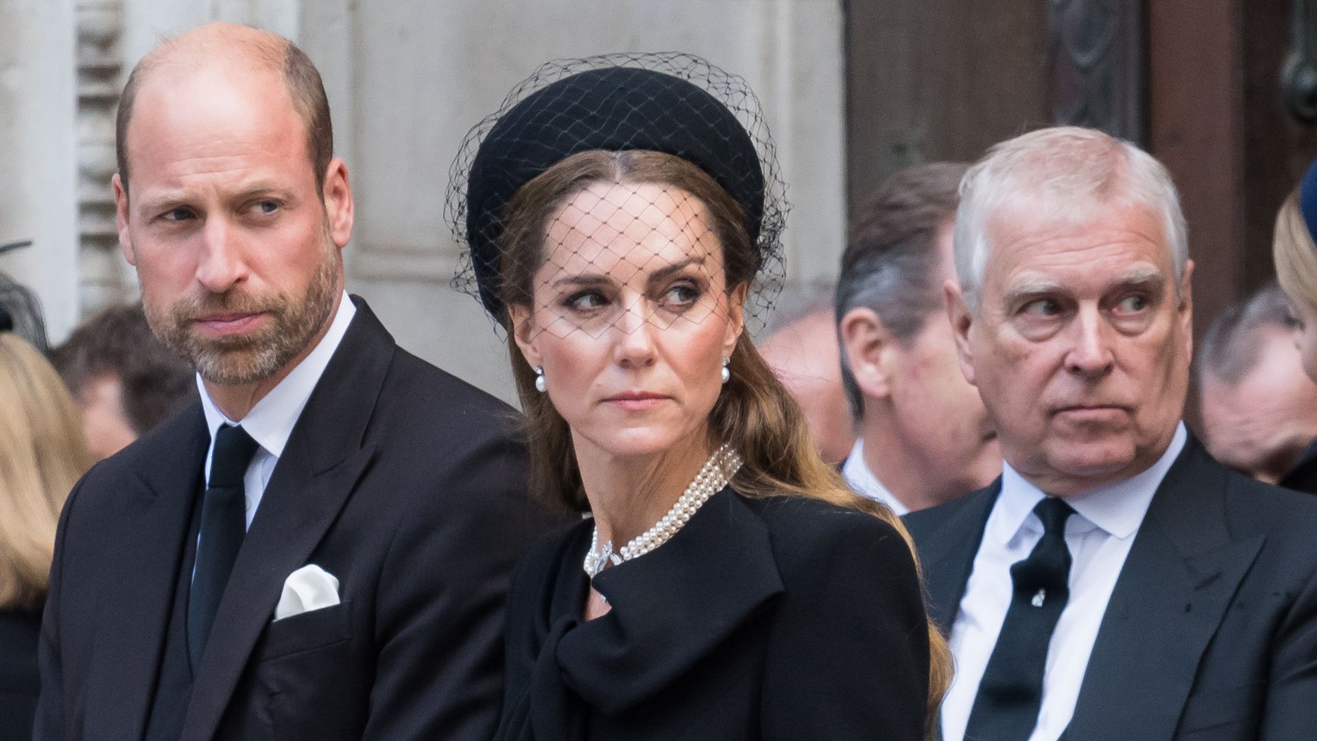 William, Prince of Wales, Catherine, Princess of Wales and Prince Andrew, Duke of York attend Requiem Mass service at Westminster Cathedral for the Duchess of Kent