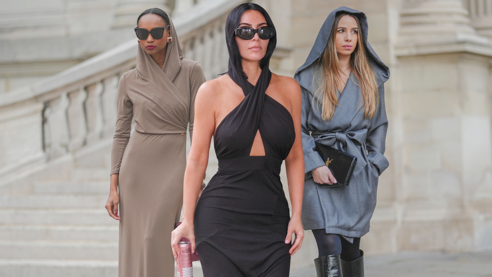 kim k in a hooded dress comp image