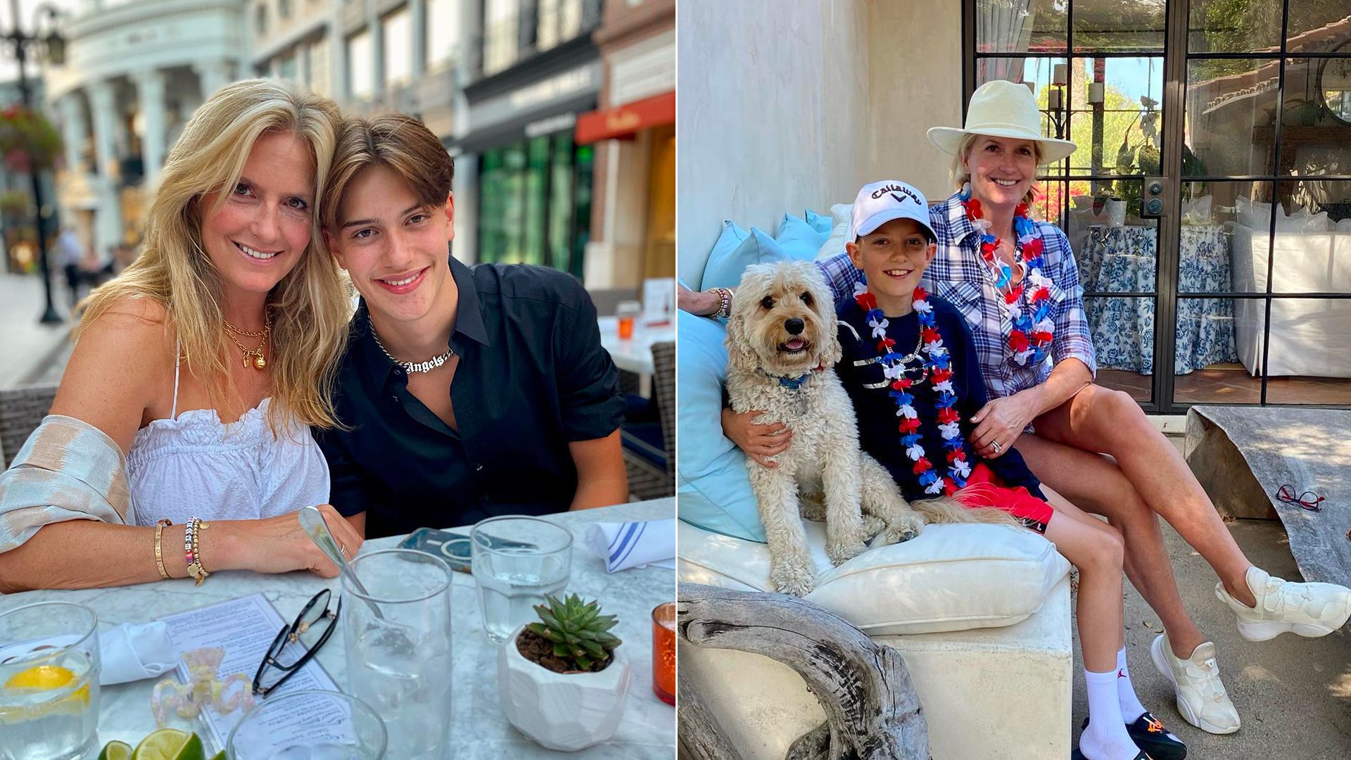 Split image of Penny Lancaster with her son Alastair at dinner, and another of Penny with her son Aiden on holiday