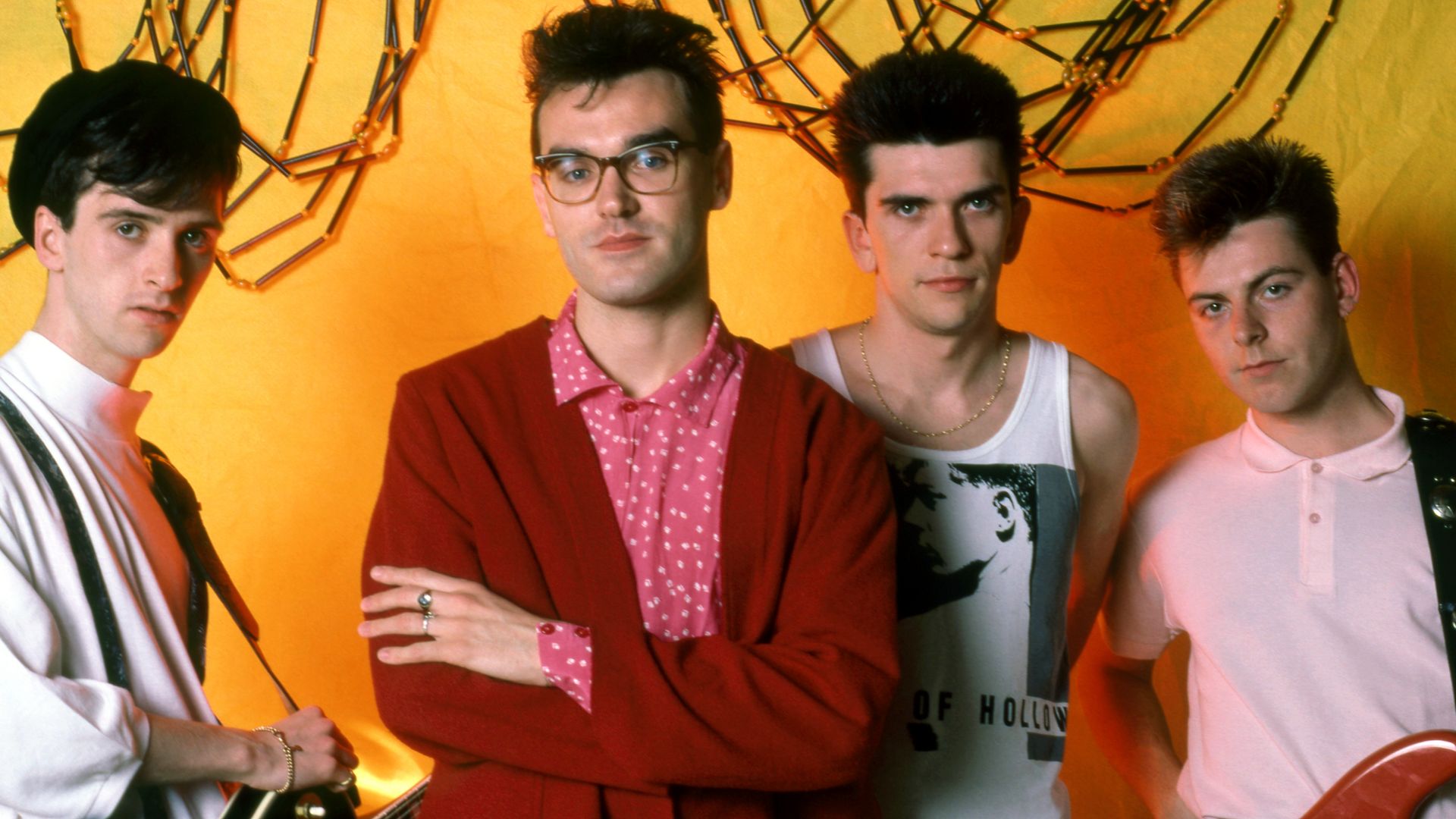 ROYAL OAK, MI - JUNE 8: (L-R) English guitarist Johnny Marr, English singer Morrissey, English drummer Mike Joyce and English bassist Andy Rourke of The Smiths pose for a portrait before their first show in Detroit during the 1985 Meat Is Murder Tour on June 8, 1985 at the Royal Oak Music Theatre in Royal Oak, Michigan.  (Photo by Ross Marino/Getty Images)