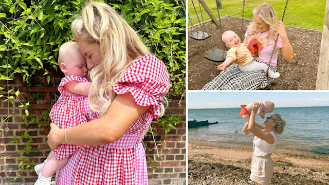 Split screen photos of mother and baby