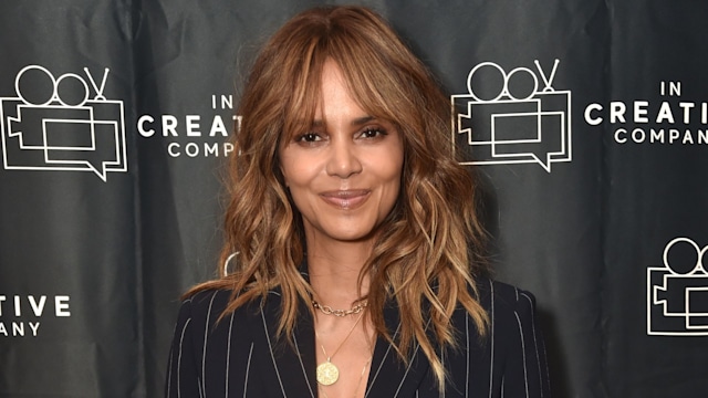 Halle Berry in pinstripe suit