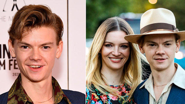 split image of actor in vintage suit and actor smiling with wife 