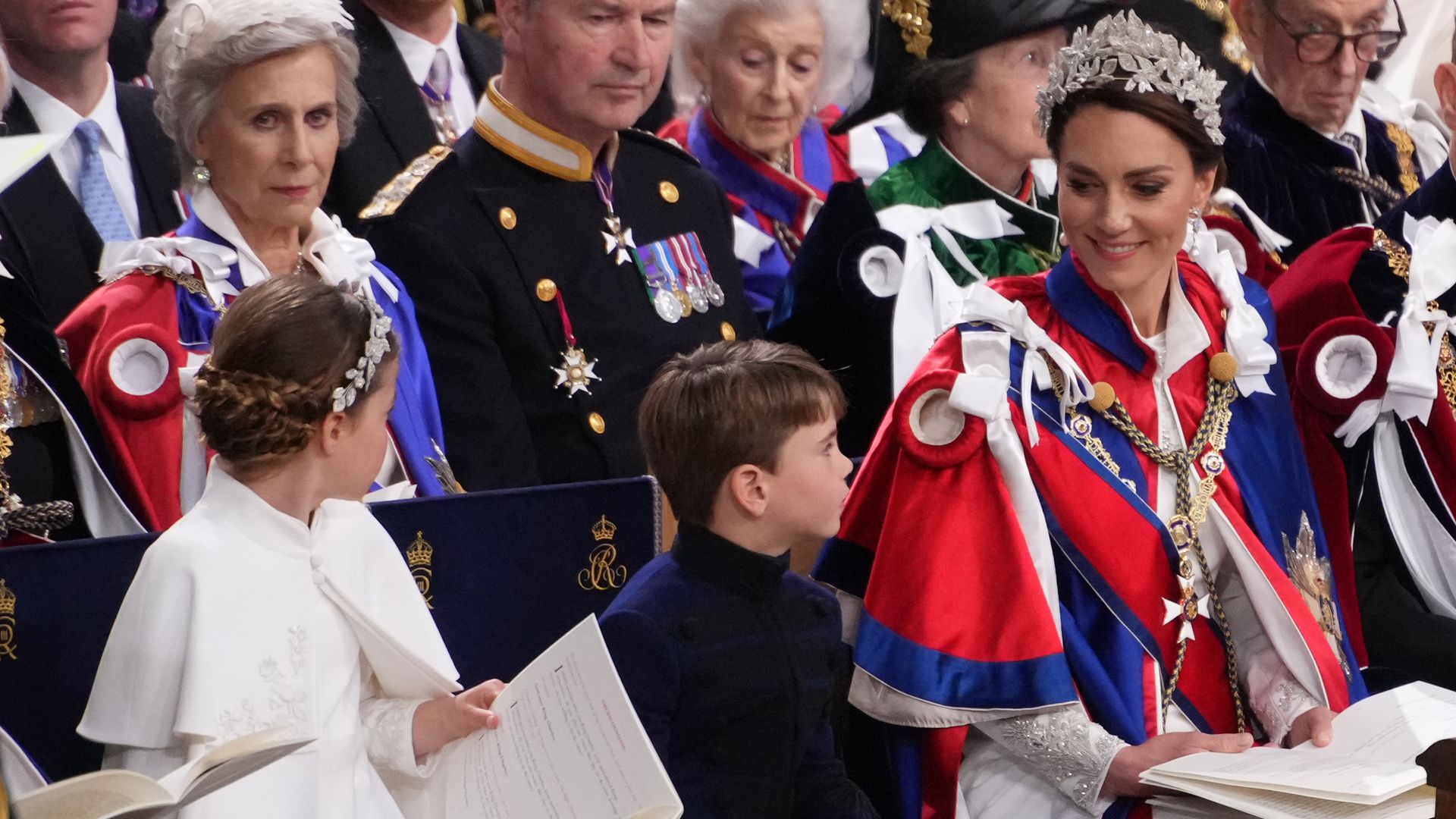 Princess Charlotte, Prince Louis and the Princess of Wales, and the Duke of Edinburgh during the Coronation of King Charles III and Queen Camilla