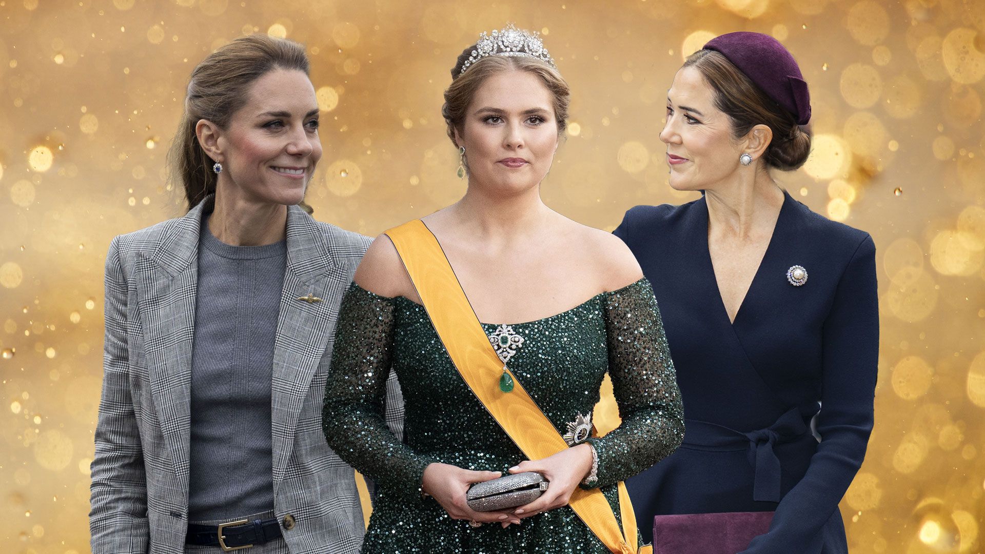 kate middleton in grey suit, princess catharina-amalia in green gown and queen mary in navy blazer from waist-up with gold backdrop