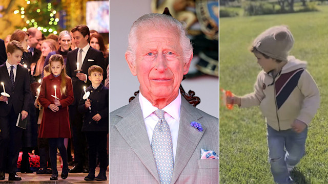 Split image of Prince George with Princess Charlotte and Prince Louis, King Charles, and Prince Archie