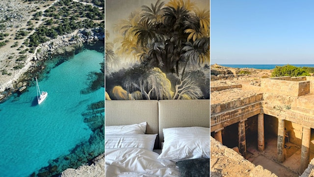 aerial view of blue lagoon, hotel room and archaeological site in cyprus