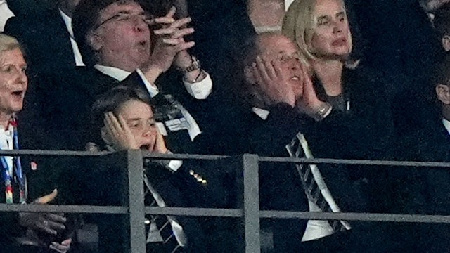 Prime Minister Sir Keir Starmer, Prince George and the Prince of Wales react late in the match during the UEFA Euro 2024 final match at Olympiastadion, Berlin