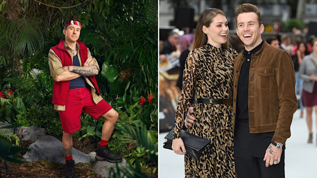 Split image of Danny Jones in I'm a Celebrity promo and of Danny Jones with wife Georgia Horsley