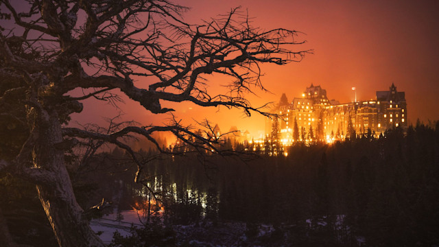 The Banff Springs Hotel from Surprise Corner at night, Banff, Alberta, Canada