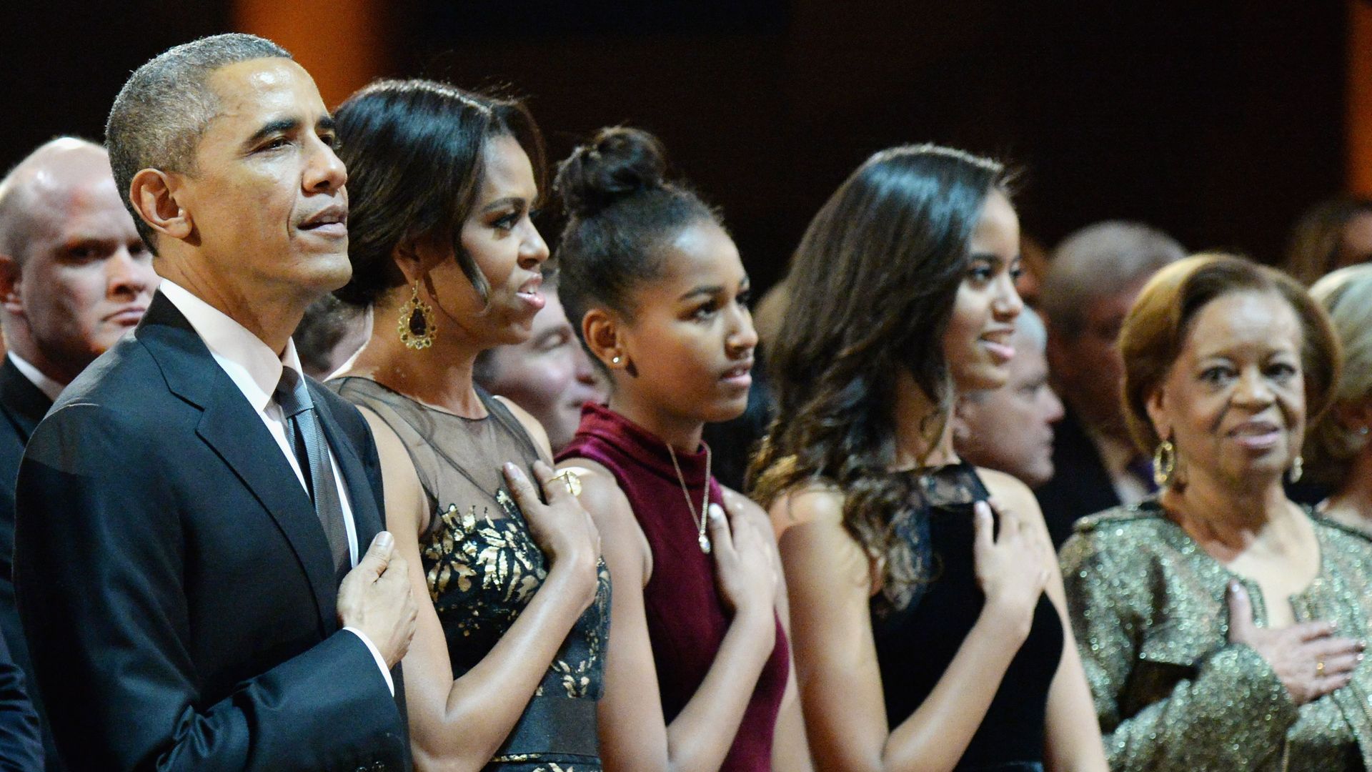 U.S. President Barack Obama, First Lady Michelle Obama, Sasha Obama, Malia Obama, and Marian Shields Robinson attend TNT Christmas in Washington 2014 at the National Building Museum on December 14, 2014 in Washington, DC.