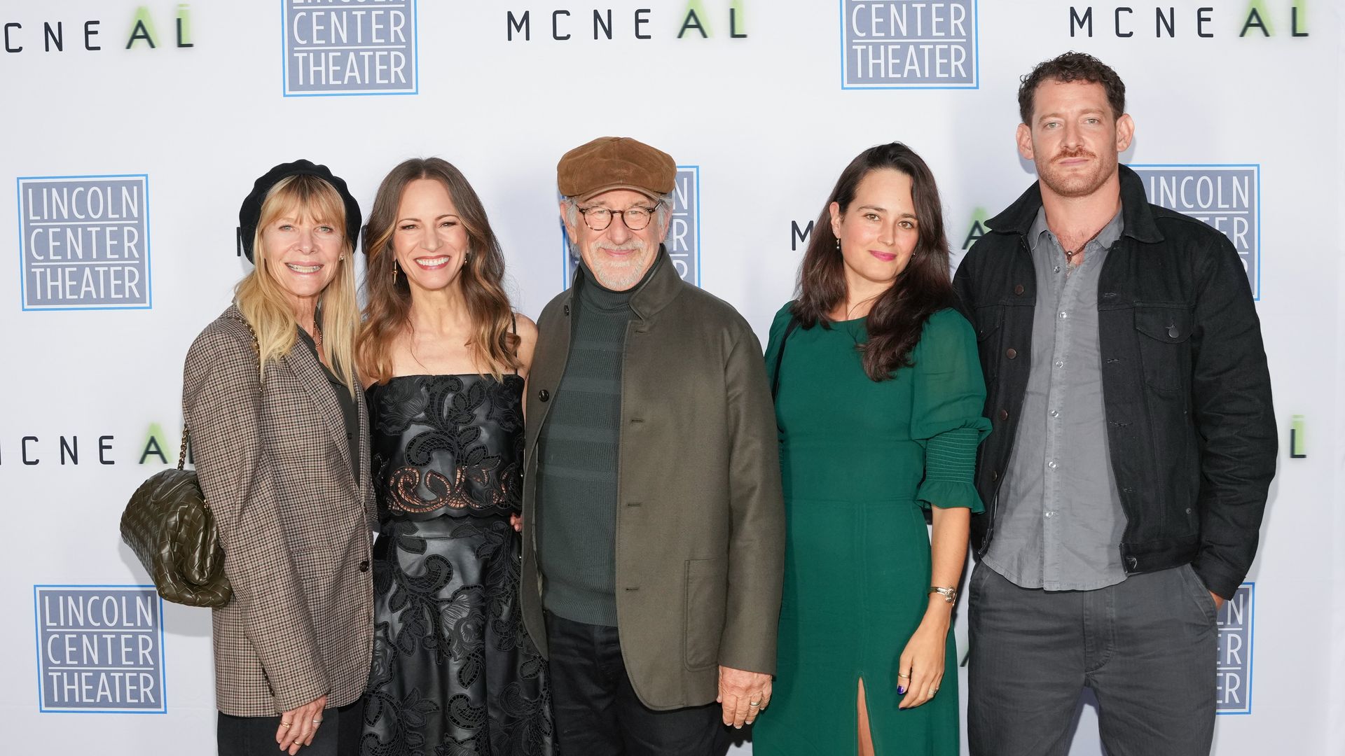 Kate Capshaw, Susan Downey, Steven Spielberg, Raye Spielberg, and Sawyer Spielberg attend "McNeal" opening night at Lincoln Center Theater starring Robert Downey Jr. on September 30, 2024 in New York City.