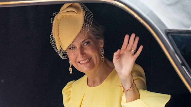 Sophie, Duchess of Edinburgh in yellow dress waving