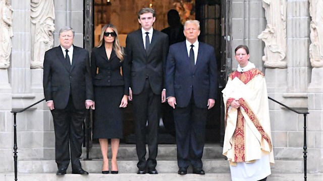 Viktor Knavs, Melania Trump,  Barron Trump and Donald Trump are seen at the funeral of Melania's mother Amalija Knavs