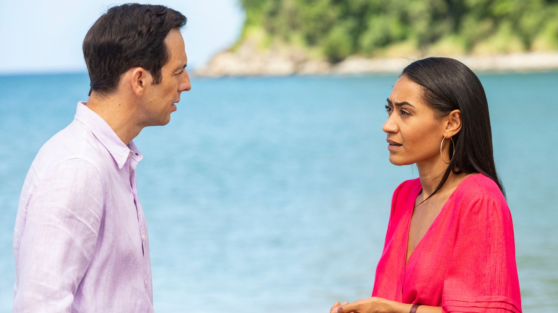 Ralf Little as DI Neville Parker and Joséphine Jobert as Florence in Death in Paradise 
