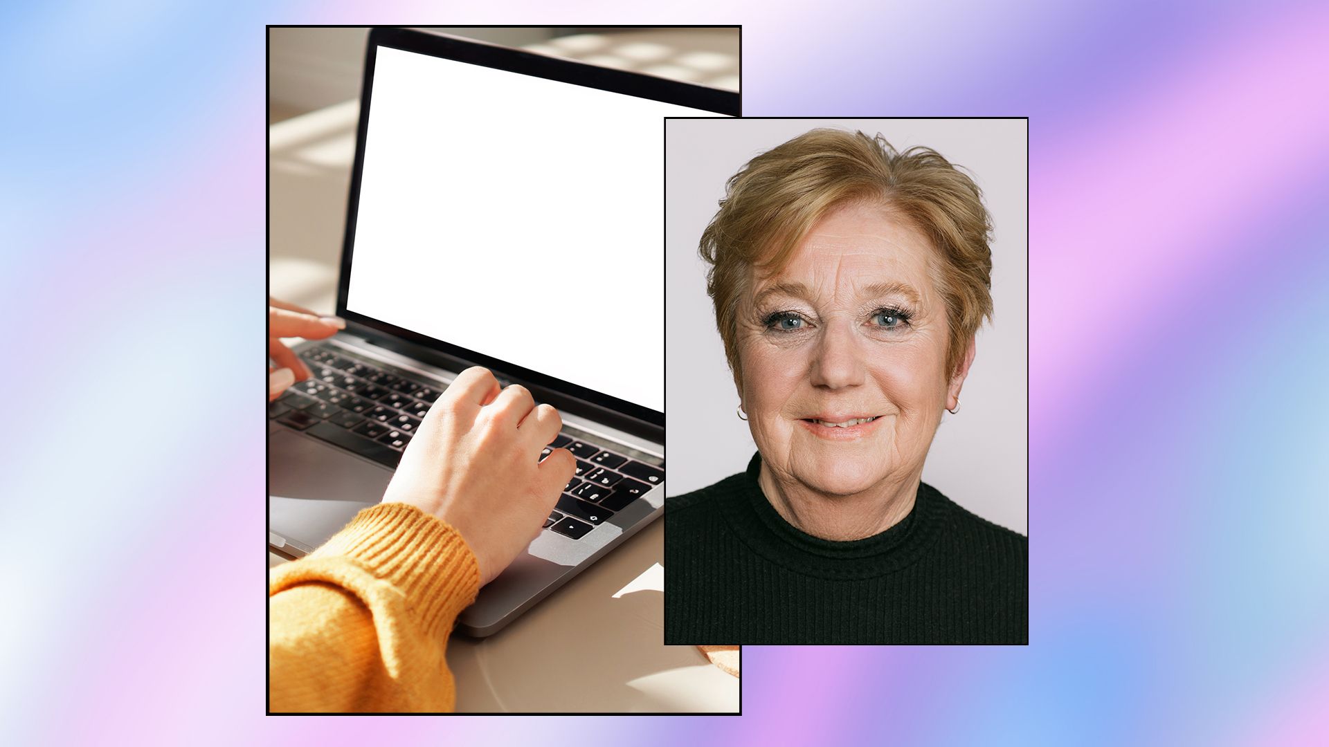split screen photo laptop woman