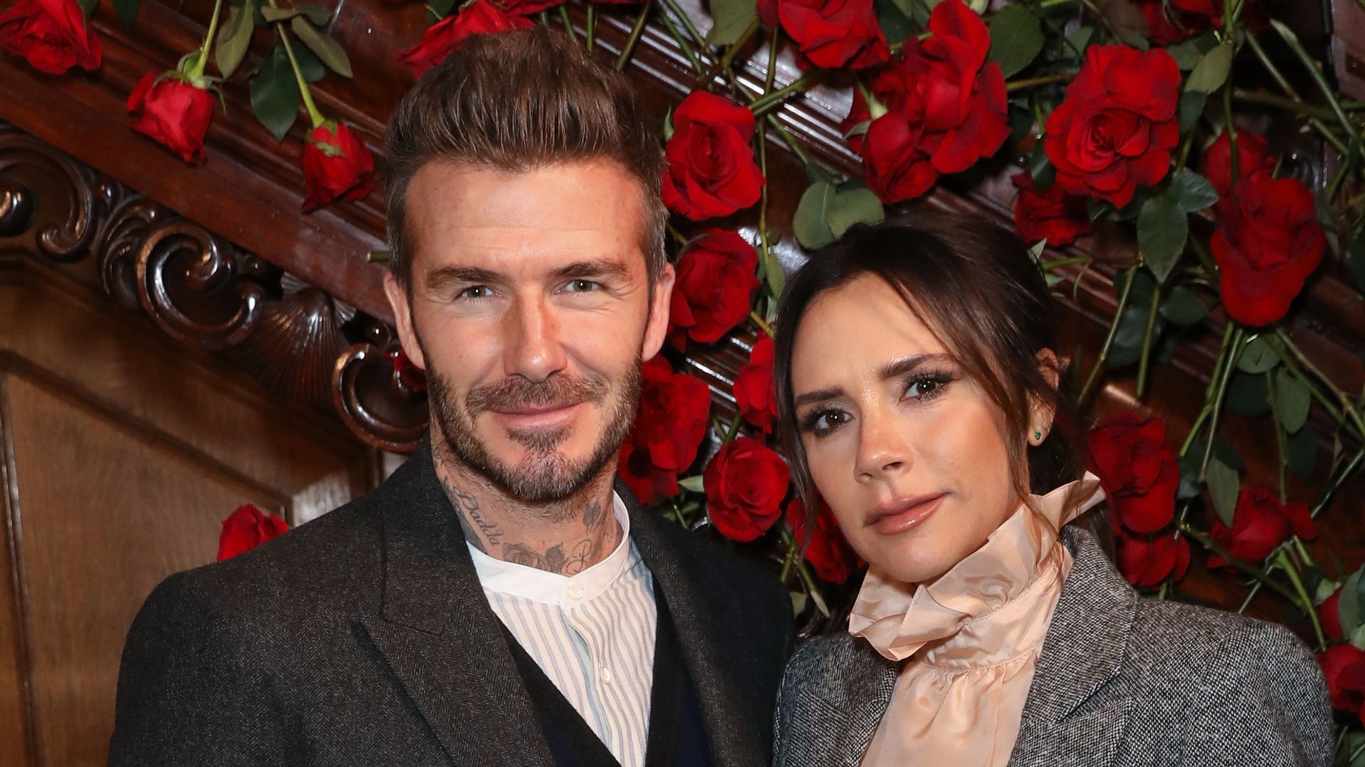 David and Victoria Beckham attend the Kent & Curwen presentation during London Fashion Week Men's January 2019 at Two Temple Place on January 6, 2019 in London, England.