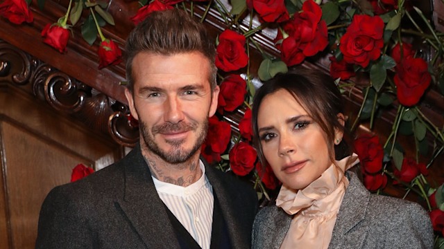 David and Victoria Beckham attend the Kent & Curwen presentation during London Fashion Week Men's January 2019 at Two Temple Place on January 6, 2019 in London, England.