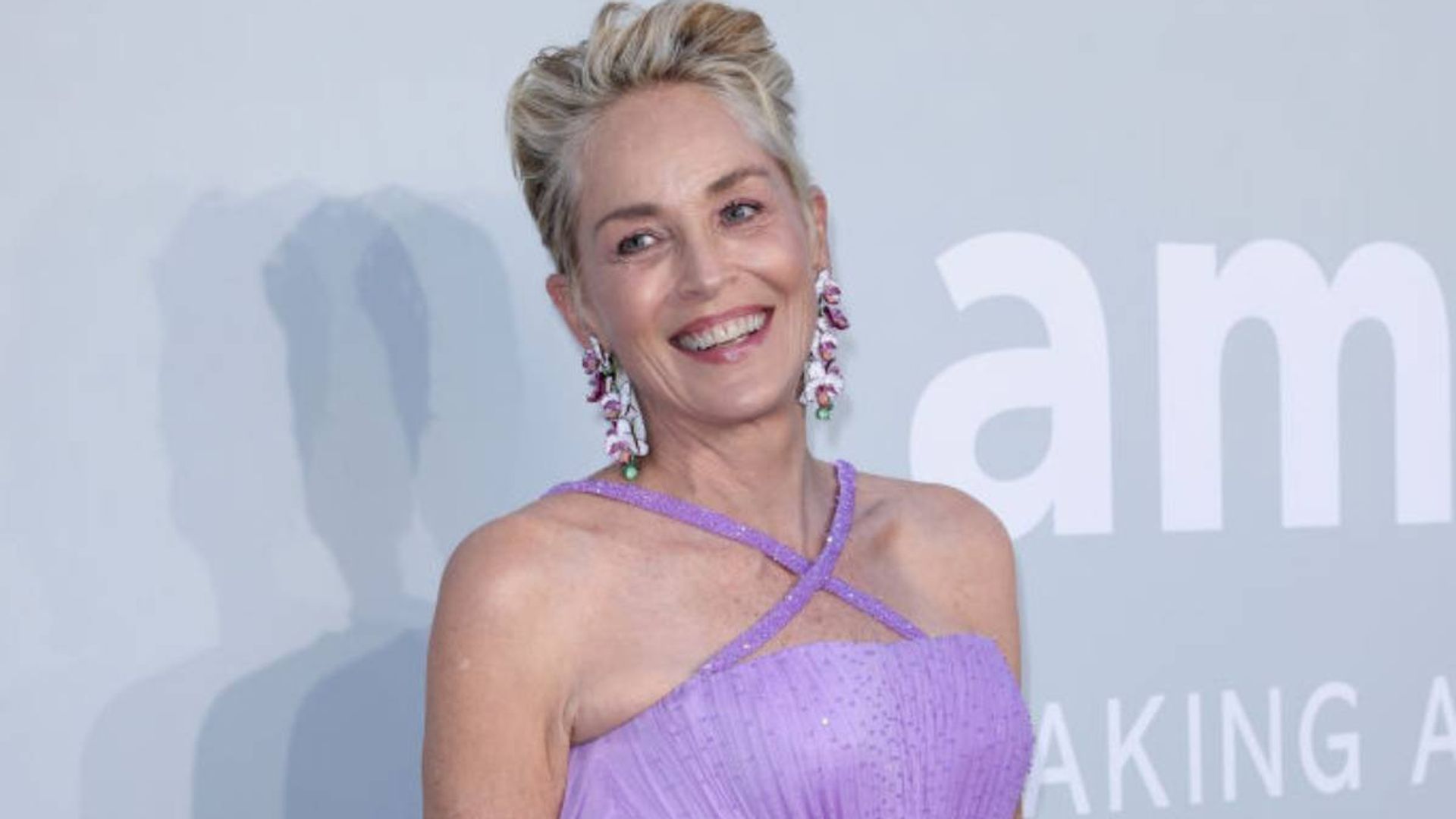 Sharon Stone looks lovely in purple dress