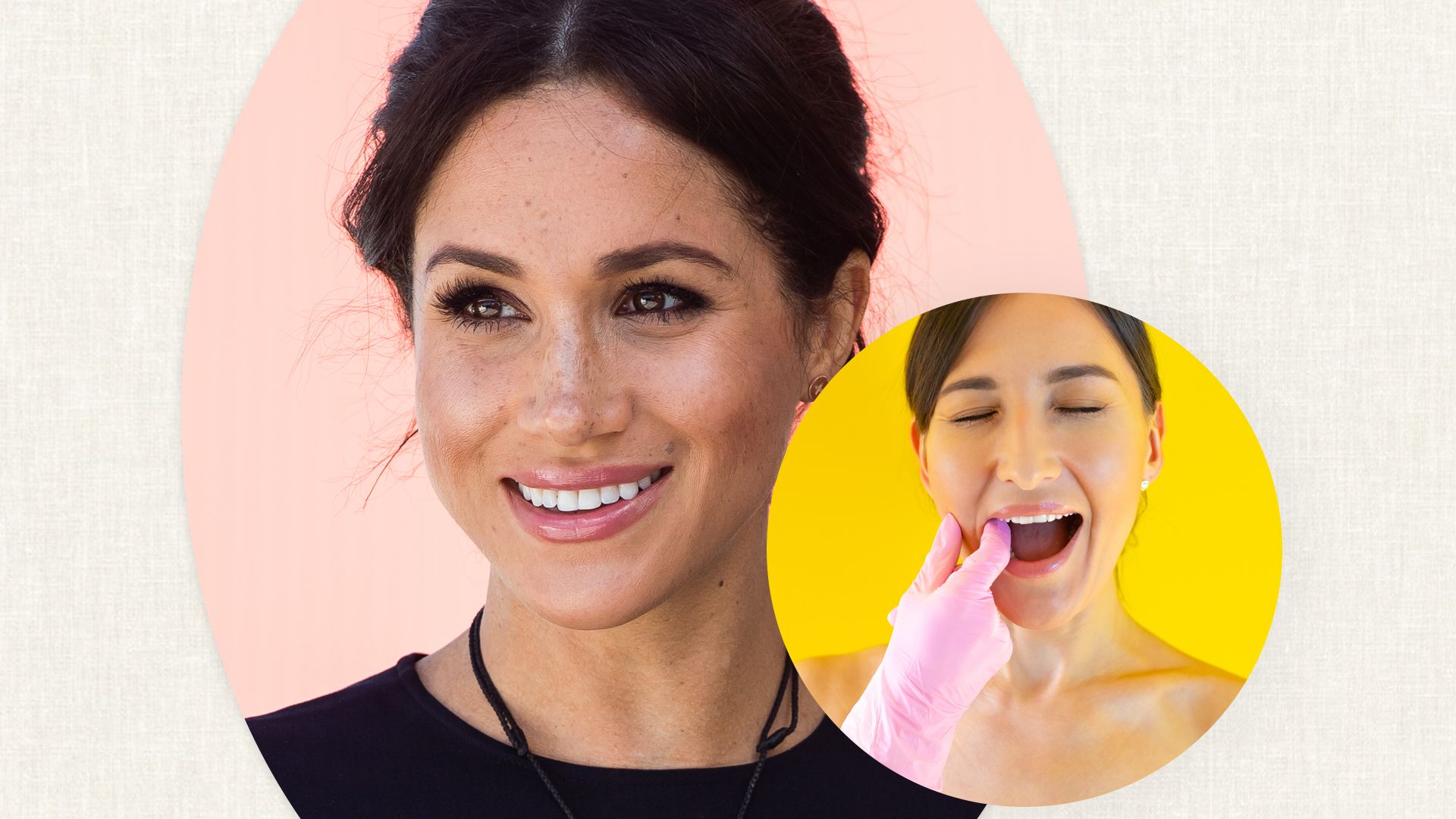 Meghan Markle smiling on a pink background and a woman doing a buccal massage