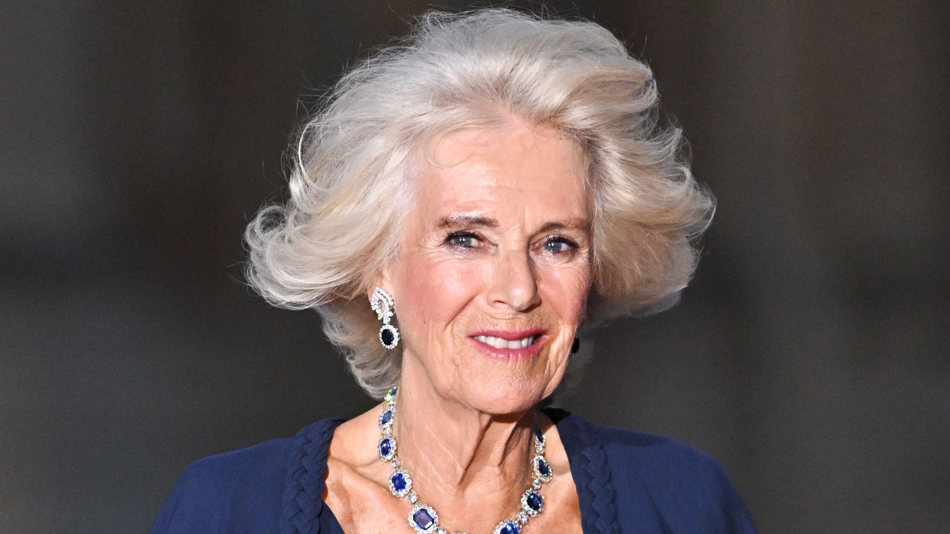 ueen Camilla arrives at the Palace of Versailles ahead of the State Dinner held in honor of King Charles III and Queen Camilla in the Hall of Mirrors of the Palace of Versailles on September 20, 2023 in Versailles, France. 