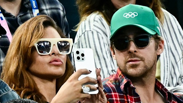 Eva Mendes and Ryan Gosling attend the artistic gymnastics women's uneven bars final during the Paris 2024 Olympic Games at the Bercy Arena in Paris, on August 4, 2024