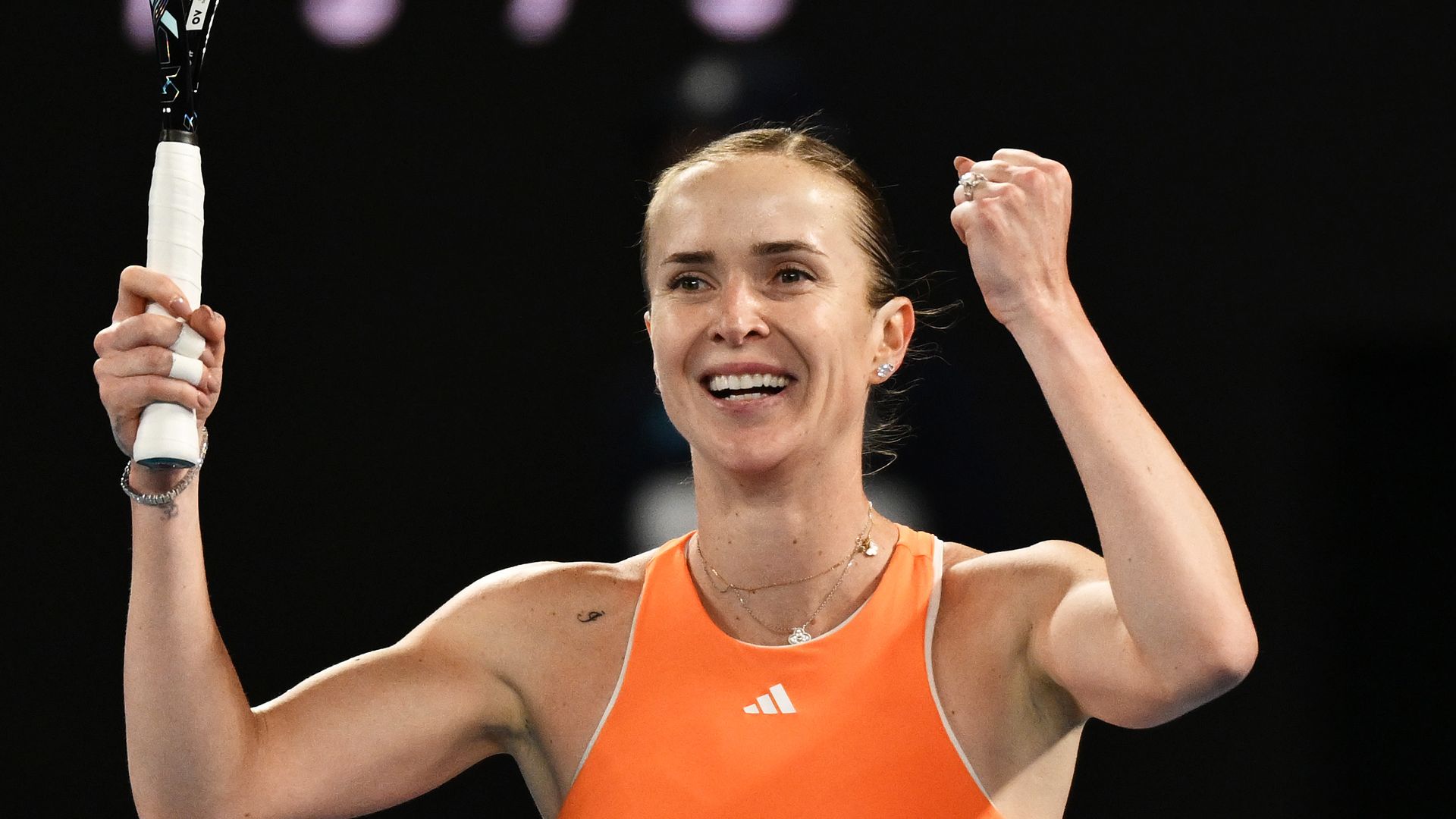 Elina Svitolina of Ukraine celebrates winning match point in the Australian Open