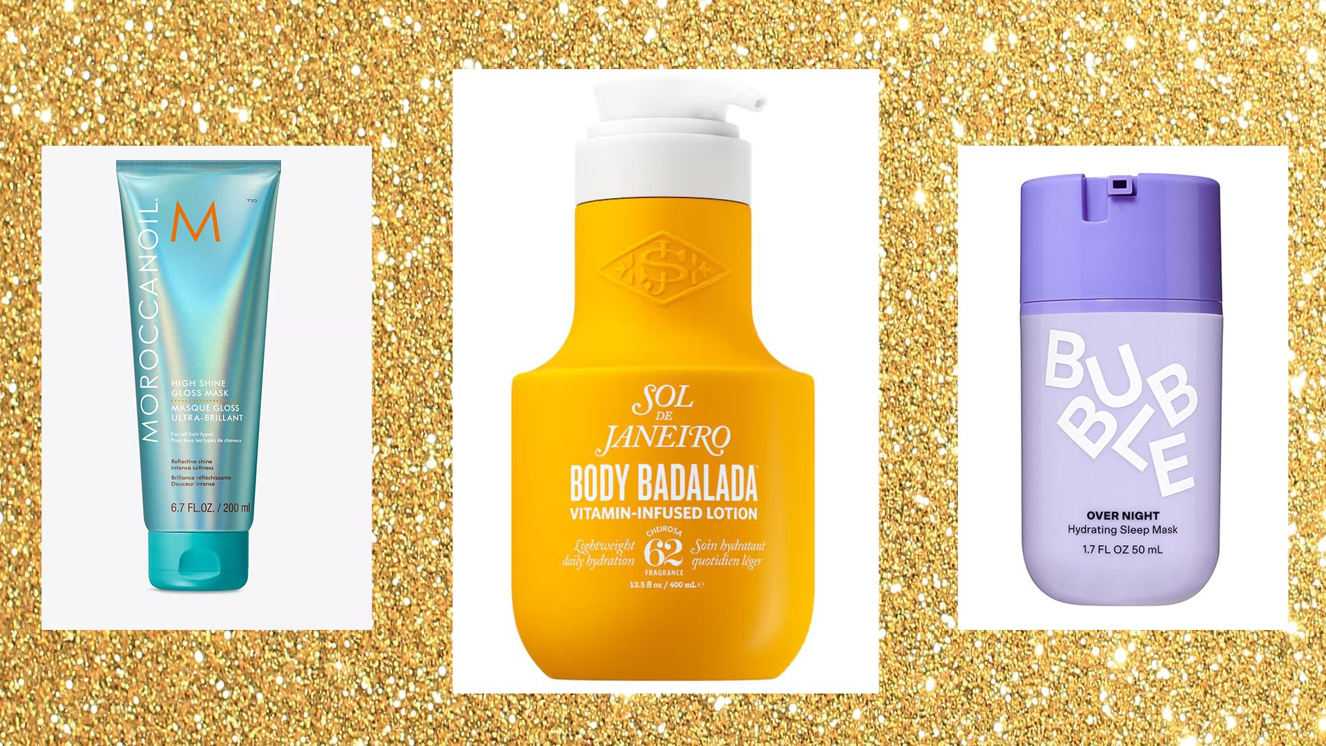 collage of three beauty products on a gold background