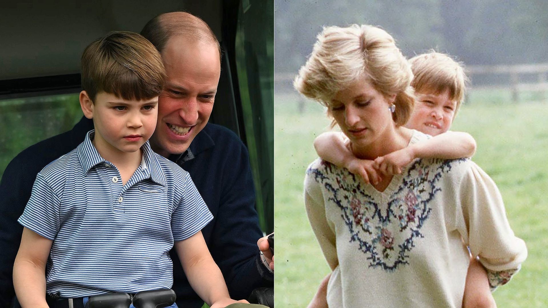 Prince William and Prince Louis next to a photograph of Princess Diana carrying a young Prince William on her back